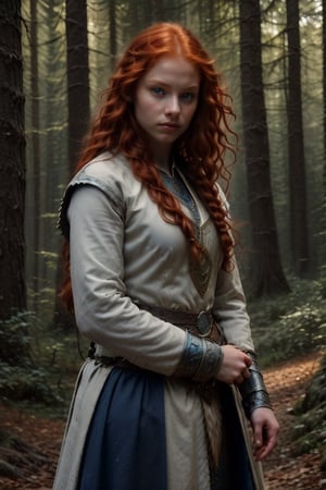 Medieval ofensiva position Small dagger in hand (Merida brave 16 year old cabello pelirrojo teenager) youthful face and body) beautiful girl with redhair, very White skin, blue eyes (blue eyes).
Travel clothing and Celtic coat black dark custome. Small dagger in hand

Innocent face expression, (medieval image forest, medieval Celtic theme) 