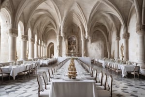 Olympic castle comedor de dimensiones descomunales amplias, Tres mesas largas con comida . Esculturas  de mármol blanco, ventanales amplios, opulencia, Howards of Harry Potter castle reference, (white walls) Enredaderas