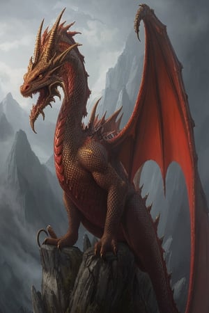 Mythological dragon with red color and yellow eyes, mythological creature, (amazing dragon illustration based on mystical illustrations)