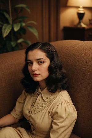 1women 20 years old, dress  style of 1940 sit on a couch brown, brown eyes, black_hair Long, very black hair (high quality image, vintage setting, 1940s, intricate details, scene like a movie horror, dramátic, focus face, action Reading )