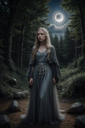 Wicca druid, woman with silver hair and skin white as the moon, mystical atmosphere under starry night forest 