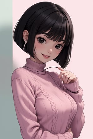 masterpiece, best quality, 1women 27 years, flatchest, facefull, smiling and Silly expression, listen músic white Earphones big . ( black hair bob cut style, black eyes) , (high image quality, high definition, wallpaper quality) Pastel colours, custome pink Sweater 
