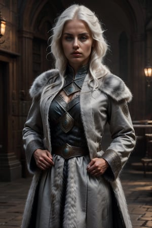 (epic movimiento, epic pose , small ears, 1 Woman face like Ciri, cirilla beautiful face eropean angelical face,  of a woman with platinum hair, platinum hair long, white skin, púrple eyes biger, labios borgoña, Cold colors, cold lighting) 
 and Nordic-inspired clothing featuring animal hides, herself in a luxurious fur-lined coat, the texture of which resembles an osso's pelt
Dressed a outfit blacK (in a taberna )