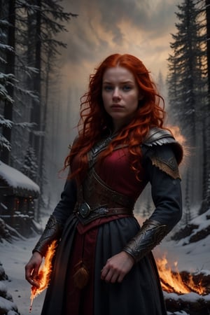 A 16-year-old Merida  (fire magic in hands, fire sorceress), with fiery red hair and porcelain-white skin, gazes angry fiery ahead, her bright blue eyes sparkling. She wears a dark Celtic coat, complete with intricate travel clothing, and holds a small dagger in her hand. Framed against a medieval forest backdrop, the youthful warrior's facial expression remains angry and untouched by the world around her.

Snow forest (fire magic in hands, fire sorceress )