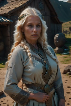 (portrait) A radiant woman albino, 50 years old, dressed in an Andean Celtic costume, background  Celtic farm. Framed by a rustic wooden fence, her fair skin glows under the warm sunlight. She wears a traditional Celtic headdress , her flowing white hair 