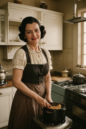 1women Forty-five years old, old woman forty five years , dress  style of 1940 in Kitchen, brown eyes, black_hair Long, very black hair (high quality image, vintage setting, 1940s, intricate details, scene like a movie horror, dramátic, focus face, kitchen action cooking smile)