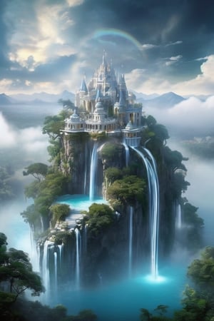 Pandora floating islands, white castle located on the Three  islands , enormously opulent architecture with an Olympic air, Avalon atmosphere, castle similar to a Roman palace .  Islands floating in the air, waterfalls, fog, clouds. Trees.

(Imagen de ciencia ficción mágica) (Just Setting) (magical atmosphere)
(Imágen realista) (Epic imagen) (Attractive lighting)