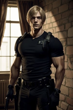 RE4Leon Blonde man, Tall and strong man dressed as SWAT uniform black, he got Blonde hair, Blonde men. SWAT uniforme of usa black. Beautiful strong man, defined muscles marked on clothes
