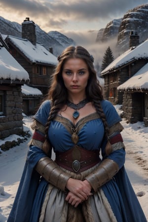 Beautiful woman with dark skin and blue eyes. Prostitute villager from medieval Celtic times. Landscape background in snowy village. (Humble prostitute woman )