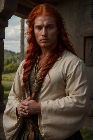 (High definition, theme inspired by medieval vikingos, medieval atmosphere and custome, rostro Jhonny deep, mirada amenazante, actitud corporal defensiva) (very redhair) Red-haired man of etheric beauty, rostro angelical, yellow eyes, very white skin. Nordic black clothing (long hair)