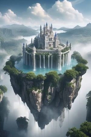 Pandora floating islands, white castle located on the Three  islands , enormously opulent architecture with an Olympic air, castle similar to a Roman palace .  Islands floating in the air, waterfalls, fog, clouds. Trees.

(Imagen de ciencia ficción mágica) (Just Setting) (magical atmosphere)
(Imágen realista) (Epic imagen)