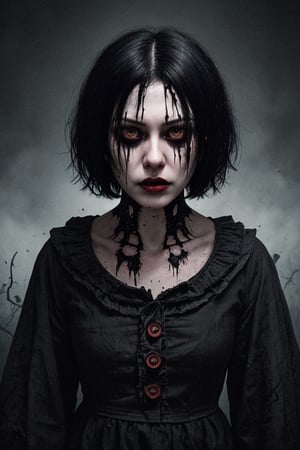 horror (theme) (creepy illustration, horror scene, horror, portrait) 

Beautiful woman with short black hair, empty black eyes, no eyeballs un face, Empty eyes, eyes torn from their eye sockets. beautiful face without eyes, pale skin. 
vestido negro 