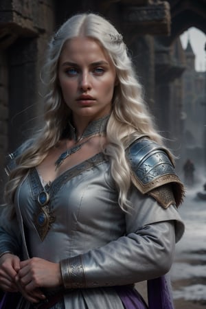 (medieval imagen, epic pose like a poster movie, 1 Woman face like Ciri, cirilla beautiful face eropean angelical face, with platinum hair, platinum very long hair,  white skin, púrple eyes biger (purple Saturated eyes), labios borgoña, Cold colors, cold lighting) 
and Nordic-inspired clothing featuring animal hides, herself in a luxurious fur-lined coat, the texture of which resembles an osso's pelt.

(Fondo de imagen aldea medieval celta con lámparas de deseos flotantes, cielo nocturno)