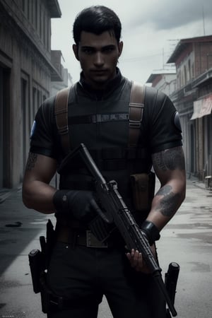 (high quality, masterpiece, heroic pose, Resident Evil video game cover image) 

1 Indian men, men with phenotypic characteristics of India, black hair, dark eyes and light brown skin, Indian tattoo.
Dressed in black, with a gun in hand,DConnor
