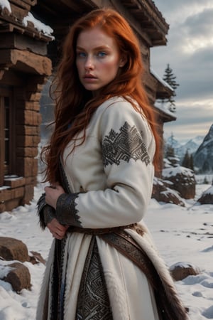 Mérida redhair, blue eyes. and Nordic-inspired clothing featuring animal hides, stands beneath a snow-capped landscape as she wraps her arms around herself in a luxurious fur-lined coat, the texture of which resembles an osso's pelt. 
(masterpiece, top quality, best quality, official art, beautiful and aesthetic:1.2),extreme detailed,(fractal art:1.3),colorful,highest detailed,Dreamy Atmosphere,Bright color. The word "Flux x Tensor" is painted over it in big, white brush strokes with visible texture.