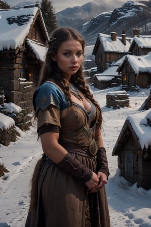 Beautiful woman with dark skin and blue eyes. Prostitute villager from medieval Celtic times. Landscape background in snowy village. (Humble prostitute woman )