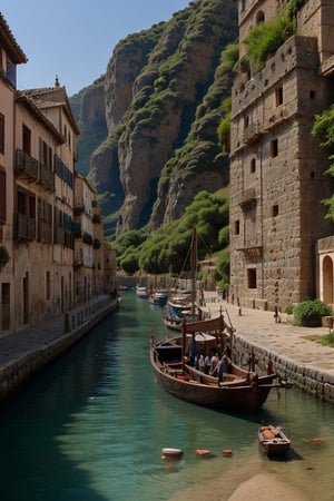 Ciudad en Costa medieval, barcos y veletas medievales en Puerto. Personas caminando ropa medieval 