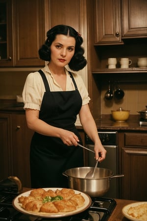 1women 50 years old, dress  style of 1940 in Kitchen, brown eyes, black_hair Long, very black hair (high quality image, vintage setting, 1940s, intricate details, scene like a movie horror, dramátic, focus face, kitchen action cooking)