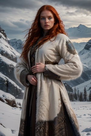 Mérida redhair, blue eyes. and Nordic-inspired clothing featuring animal hides, stands beneath a snow-capped landscape as she wraps her arms around herself in a luxurious fur-lined coat, the texture of which resembles an osso's pelt. 
(masterpiece, top quality, best quality, official art, beautiful and aesthetic:1.2),extreme detailed,(fractal art:1.3),colorful,highest detailed,Dreamy Atmosphere,Bright color. The word "Flux x Tensor" is painted over it in big, white brush strokes with visible texture.