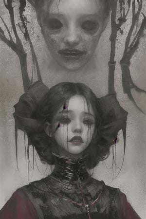  horror (theme) (Horror illustration, terrifying scene, portrait) very beautyfull Woman with short black hair, no eyes, No eyeballs hollow black eyes. Vestido rojo con tres rosas en la mano.