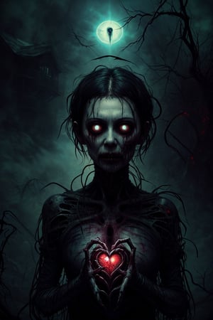 horror (theme) (creepy illustration, horror scene, horror, portrait) 

Beautiful woman with short black hair, empty black eyes, no eyeballs un face, Empty eyes, eyes torn from their eye sockets. beautiful face without eyes, pale skin. 
Holding a heart of a animal in her hands,eldritchtech , vestido negro 
