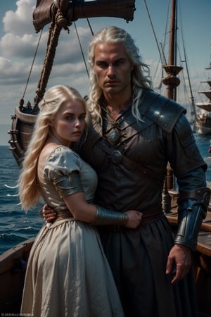 (Couple aboard a medieval ship, open sea background, intricate details in faces) Geralt of Rivia couple with a beautiful woman ciri, cirilla