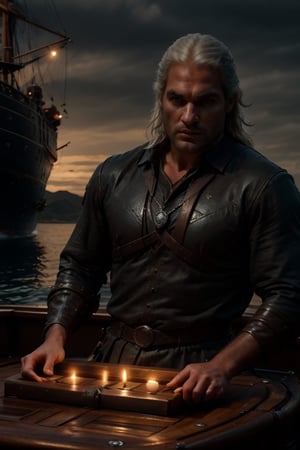 Geralt of Rivia a bordo de un barco, the Witcher, referencia of Game the Witcher 3, and the série the Witcher on nexflix  Beautiful face and warrior attitude, very hadsome man, face like Henry William Cavill.
Travel suit, black pants and loose black shirt.Cold colors, cold lighting)
Mar abierto, barco medieval navegando, iluminación de atardecer , detalles intrincados en las velas del barco, detalles en la nave, (cinematica de ciencia ficcion movie)