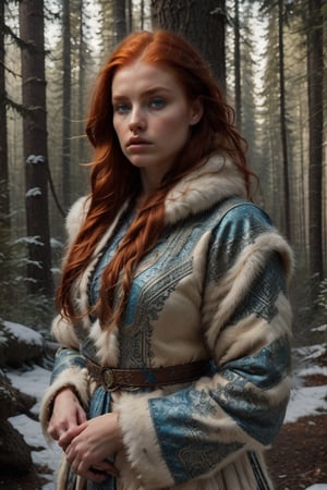 Mérida redhair, blue eyes. and Nordic-inspired clothing featuring animal hides, in a forest winter , stands beneath a snow-capped landscape as she wraps her arms around herself in a luxurious fur-lined coat, the texture of which resembles an osso's pelt. 


(masterpiece, top quality, best quality, official art, beautiful and aesthetic:1.2),extreme detailed,(fractal art:1.3),colorful,highest detailed,Dreamy Atmosphere,Bright color. The word "Flux x Tensor" is painted over it in big, white brush strokes with visible texture.