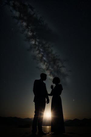 Some of silhouettes of light, as if they were people radiating starlight. (The background is black and highlights the light of the light silhouettes