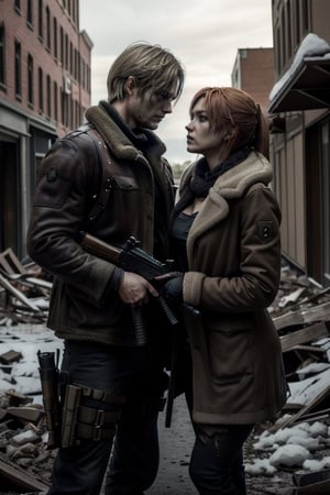 (high definition, saturated color, masterpiece Quality, epic pose of couple  in the apocalypse, abandoned city of Boston, winter in city of Boston)

Couple, of blonde man RE4Leon tall protecting a redhead woman beauty  with longer hair Saturated red hair . Couple men AND women in the apocalypse, the woman next to the blonde man is redhead.

Protective attitude and face with stress, The men hands with weapond Assault rifle.

