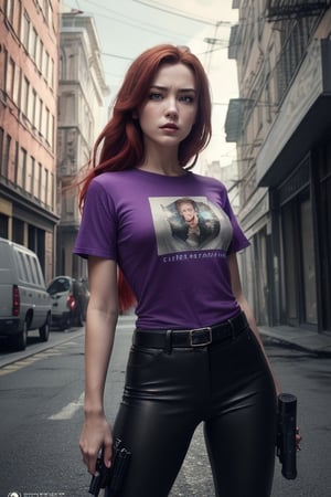 (high quality, masterpiece, heroic pose, Resident Evil video game cover image)woman slim body and face,  european face anatomy and physiognomy,  redhead woman long hair. Style of Resident Evil,  Raccoon city, street background destriot, a gun in hand ready to shoot, shootgun,  (cinematic,  Resident Evil),  (Saturation  colors,  dim colors,  soothing tones:1.3),  low saturation,  natural redhead woman long, Loose long red hair  angry and tension expression in eyes,  the color of eyes green like jade,  and the test of the uniform tall,( Custome Black pants) ( T Shirt Purple color. color Of the purple t-shirt)