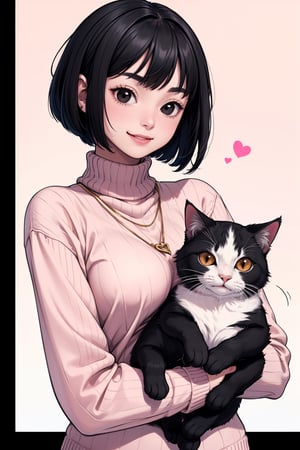 masterpiece, best quality, 1women 27 years, flatchest, facefull, smiling and holding a CAT (CAT black AND white ( black hair bob cut style, black eyes) , (high image quality, high definition, wallpaper quality) Pastel colours, custome pink Sweater 