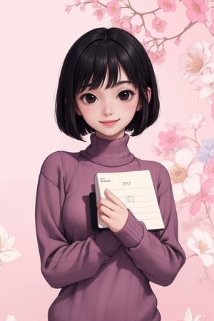 masterpiece, best quality, 1women 27 years, flatchest, facefull, smiling and holding a note book. ( black hair bob cut style, black eyes) , (high image quality, high definition, wallpaper quality) Pastel colours, custome pink Sweater 