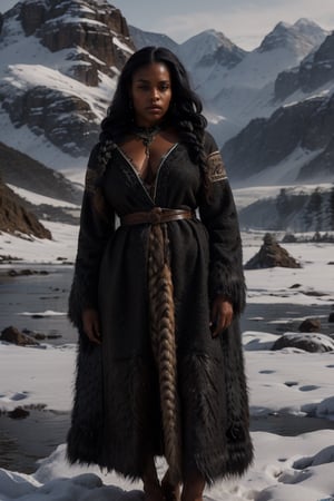 A stunning Black woman with raven-black hair braided, warm brown eyes, and Nordic-inspired clothing featuring animal hides, stands beneath a snow-capped landscape as she wraps her arms around herself in a luxurious fur-lined coat, the texture of which resembles an osso's pelt.