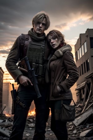 (high definition, saturated color, masterpiece Quality, epic pose of couple  in the apocalypse, abandoned city of Boston, winter in city of Boston)

Couple, of blonde man RE4Leon tall protecting a redhead woman beauty  with longer hair Saturated red hair . Couple men AND women in the apocalypse, the woman next to the blonde man is redhead.

Protective attitude and face with stress, The men hands with weapond Assault rifle.

