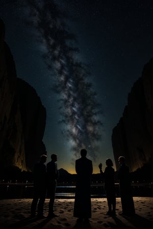 A midnight backdrop of twinkling, star-like figures with human forms illuminate the darkness. Amidst this celestial canvas, a gathering of silhouetted adults stands at attention, their features aglow with an otherworldly light. The stars' gentle glow casts an ethereal ambiance, as if the very fabric of the night sky has been woven into a tapestry of wonder.