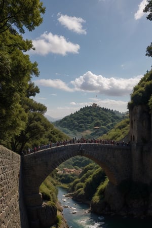 Puente de piedra cruzando mundo épico medieval personas transitando para cruzarlo