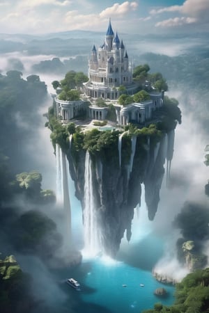 Pandora floating islands, white castle located on the Three  islands , enormously opulent architecture with an Olympic air, castle similar to a Roman palace .  Islands floating in the air, waterfalls, fog, clouds. Trees.

(Imagen de ciencia ficción mágica) (Just Setting) (magical atmosphere)
(Imágen realista) (Epic imagen)