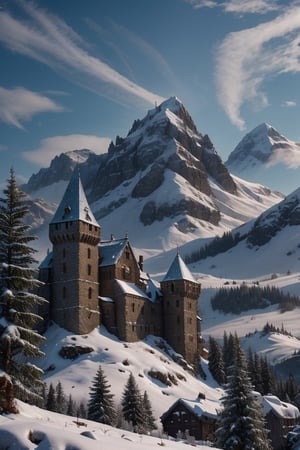 Snowy Mountain with epic medieval castle, medieval atmosphere inspired by the Lord of the Rings, colossal buildings