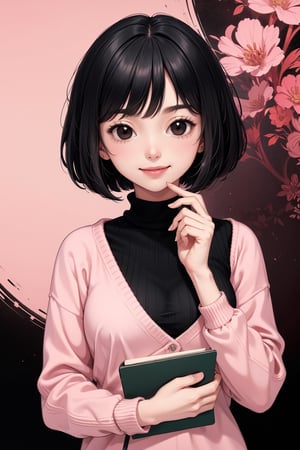 masterpiece, best quality, 1women 27 years, flatchest, facefull, smiling and holding a note book. ( black hair bob cut style, black eyes) , (high image quality, high definition, wallpaper quality) Pastel colours, custome pink Sweater 