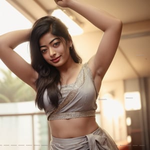 busty rashmika taking a selfie raising her arms, sleeveless , pokies, armpit_folds, showing_armpits, armpits, armpit_sweat, upper body, showing armpits, armpit_crease, close up on armpits, high_resolution_skin, photorealistic