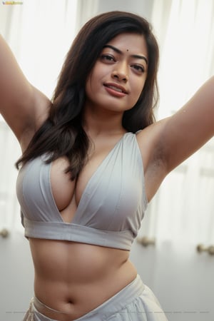 busty rashmika taking a selfie raising her arms, white sleeveless , pokies, armpit_folds, showing_armpits, armpits, armpit_sweat, upper body, showing armpits, armpit_crease, close up on armpits, high_resolution_skin, photorealistic