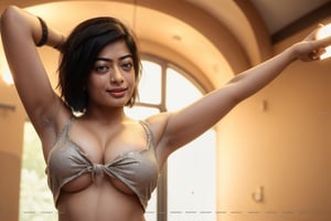 busty rashmika taking a selfie raising her arms, sleeveless, short shaggy hair, pokies, armpit_folds, showing_armpits, armpits, armpit_sweat, upper body, showing armpits, armpit_crease, close up on armpits, high_resolution_skin, photorealistic