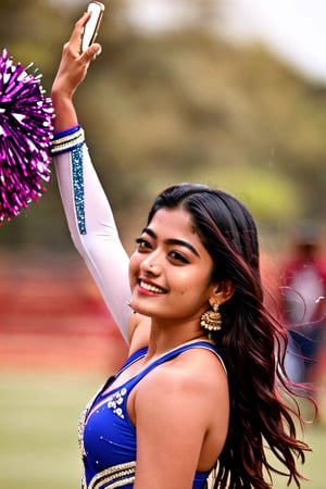 Rashmika mandanna taking a selfie raising her arms, cheerleader outfit, pokies, armpit_folds, showing_armpits, armpits, armpit_sweat, upper body, showing armpits, armpit_crease, close up on armpits, high_resolution_skin, photorealistic