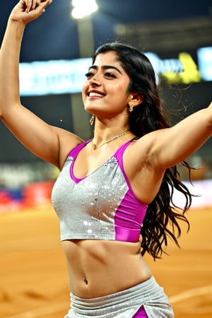 Rashmika mandanna taking a selfie raising her arms, cheerleader outfit, pokies, armpit_folds, showing_armpits, armpits, armpit_sweat, upper body, showing armpits, armpit_crease, close up on armpits, high_resolution_skin, photorealistic