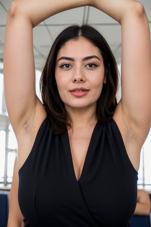  air hostess taking a selfie raising her arms, sleeveless office outfit, pokies, armpit_folds, showing_armpits, armpits, armpit_sweat, upper body, showing armpits, armpit_crease, close up on armpits, high_resolution_skin, ,photorealistic