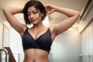 busty rashmika taking a selfie raising her arms, sleeveless, short-hair, pokies, armpit_folds, showing_armpits, armpits, armpit_sweat, upper body, showing armpits, armpit_crease, close up on armpits, high_resolution_skin, photorealistic