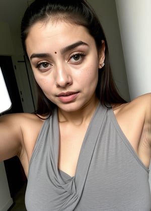 busty alia bhatt taking a selfie raising her arms, sleeveless_shirt, pokies, armpit_folds, showing_armpits, armpits, armpit_sweat, upper body, showing armpits, armpit_crease, close up on armpits, high_resolution_skin, photorealistic