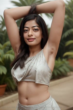 busty rashmika taking a selfie raising her arms, sleeveless , pokies, armpit_folds, showing_armpits, armpits, armpit_sweat, upper body, showing armpits, armpit_crease, close up on armpits, high_resolution_skin, photorealistic