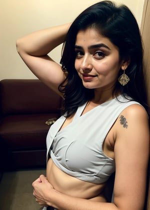 Alia Bhatt taking a selfie raising her arms, sleeveless saree, pokies, armpit_folds, showing_armpits, armpits, armpit_sweat, upper body, showing armpits, armpit_crease, close up on armpits, high_resolution_skin, ,photorealistic